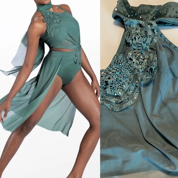 WEISSMAN Dance solo custom lyrical sage green Gathered Mesh Dress D12287 SA